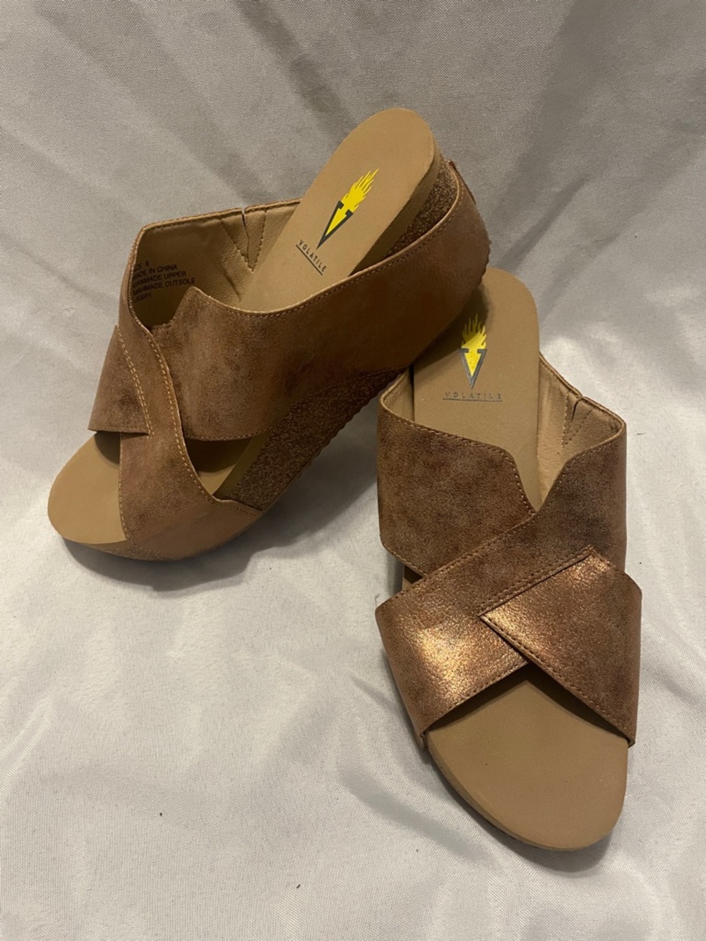 Volatile Metallic Rose Gold Crisscross Wedge Slide Sandals